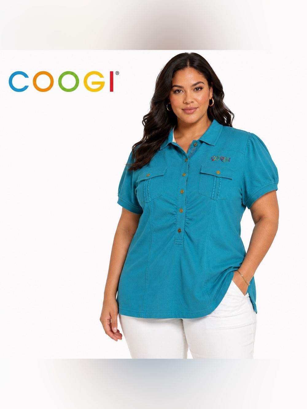 COOGI Snap Up Polo Style Colorful Embellish Top XL